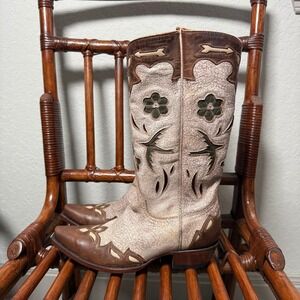 Old Gringo Womens Leather Western Boots Cream Brown Bird Flower Heart Size 8